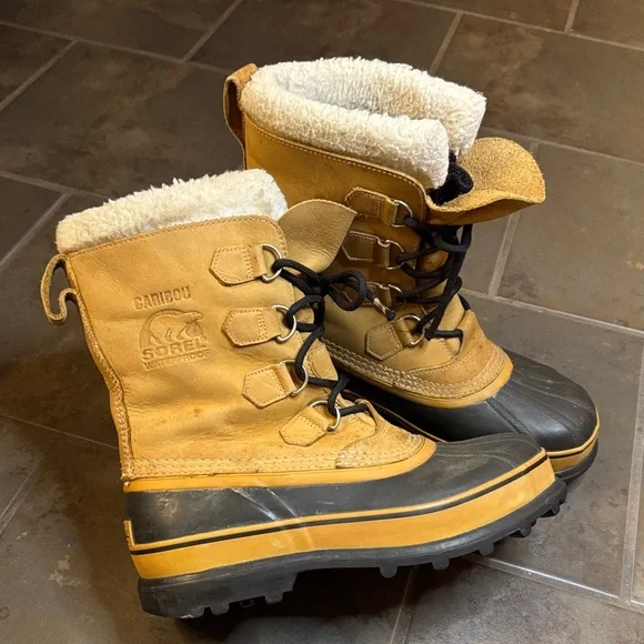 Sorel Men’s Caribou Winter Snow Boots Camel Waterproof Sherpa Cuff Size 8 - Picture 3 of 9